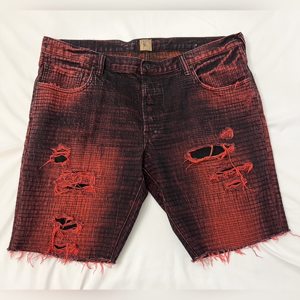 PRPS Denim Button Fly Shorts Barracuda Size 42 Red Black Distressed